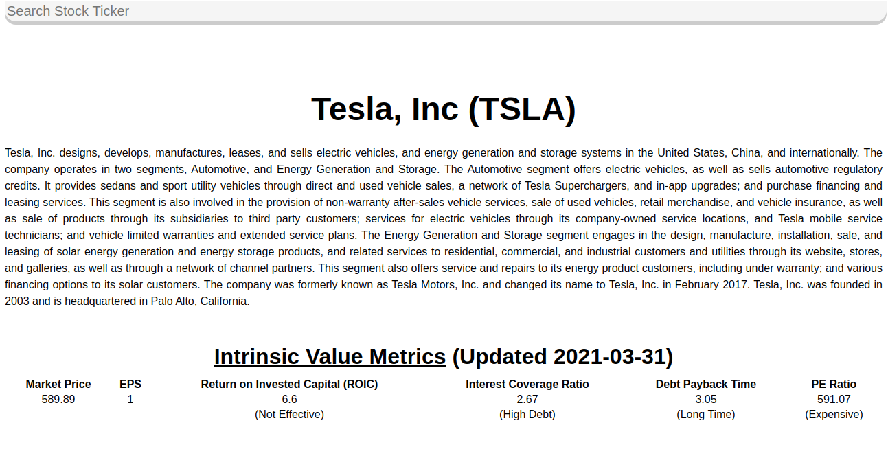 Stock Intrinsic Value App User Interface